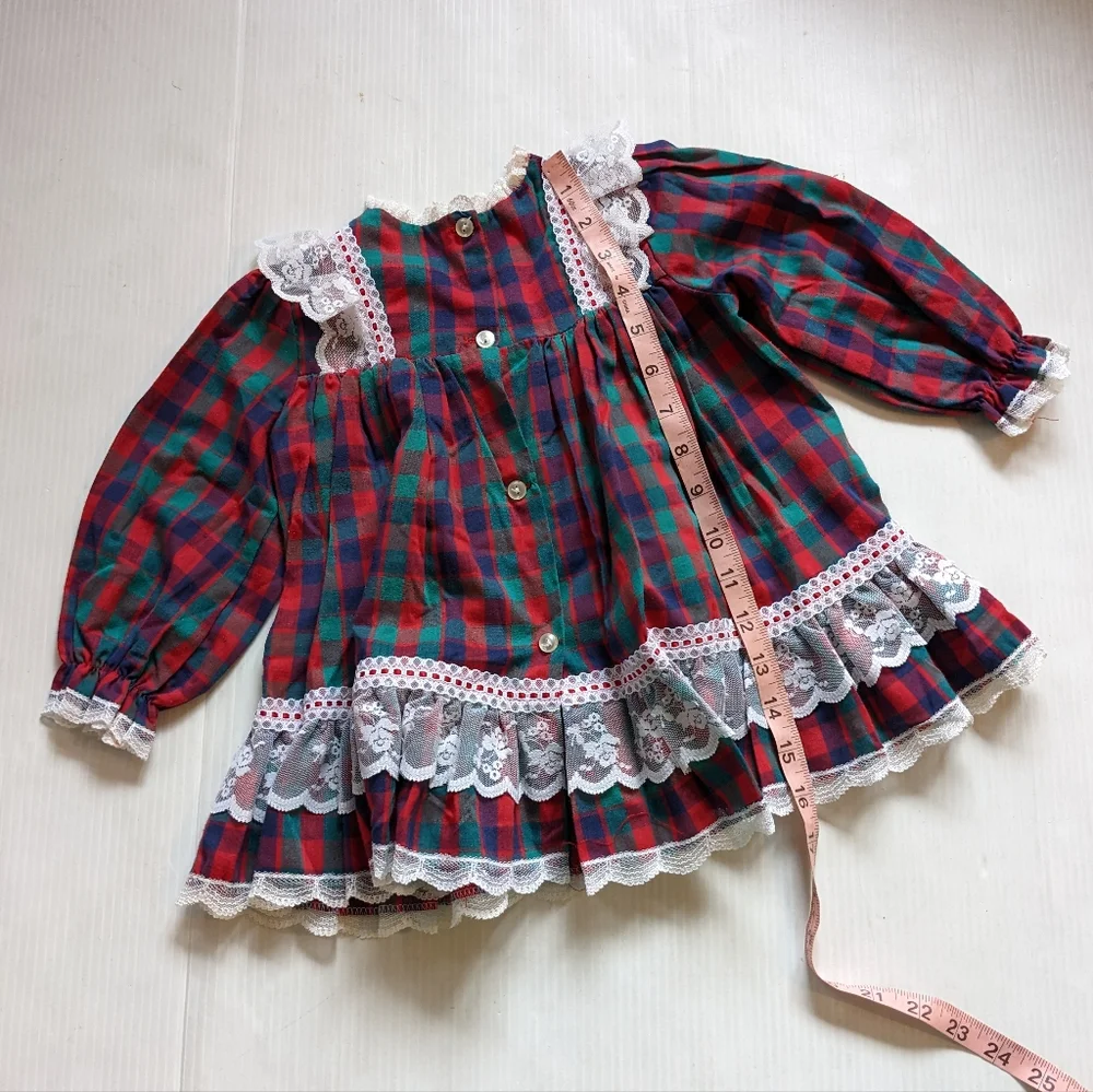 VINTAGE Bryan red plaid ruffles and lace full circle skirt girls dress 2t